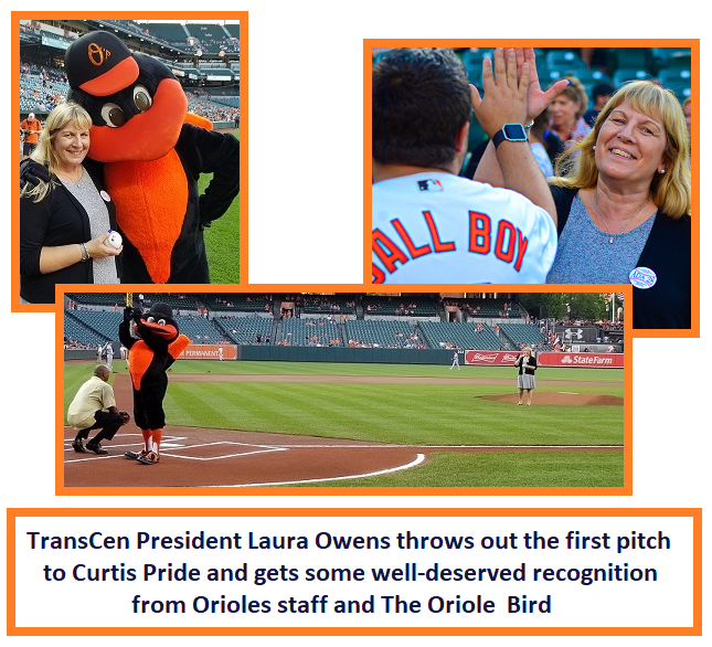 Laura Owens throws out first pitch to Curtis Pride, gets recognition from Oriole staff and The Oriole Bird